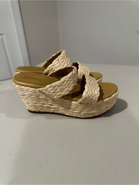 KAANAS Natural Raffia Woven Platform Wedge Slide Sandals Two Strap Size 8